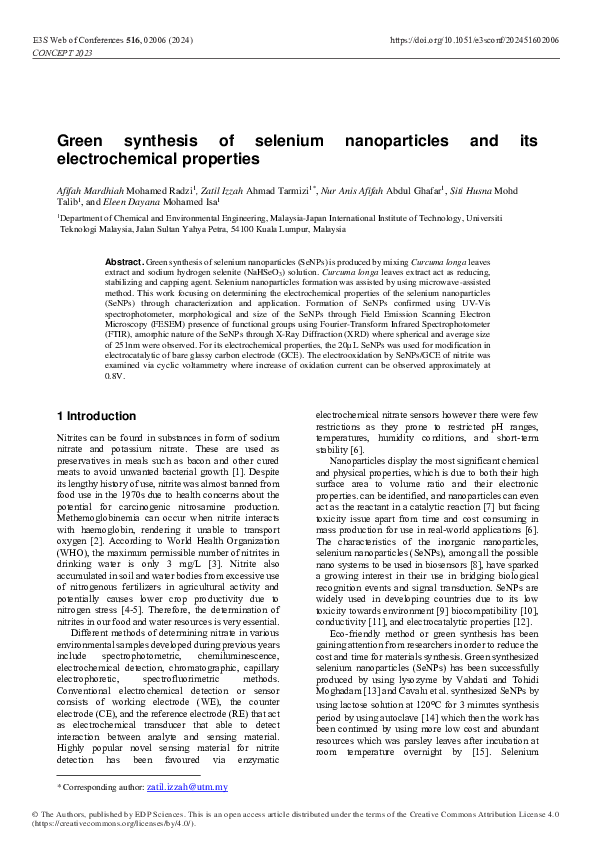 (PDF) Green synthesis of selenium nanoparticles and its electrochemical ...