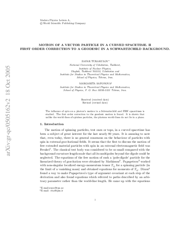 (PDF) Motion of a Vector Particle in a Curved Spacetime. II: First ...