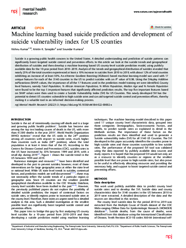 (PDF) Machine learning based suicide prediction and development of ...