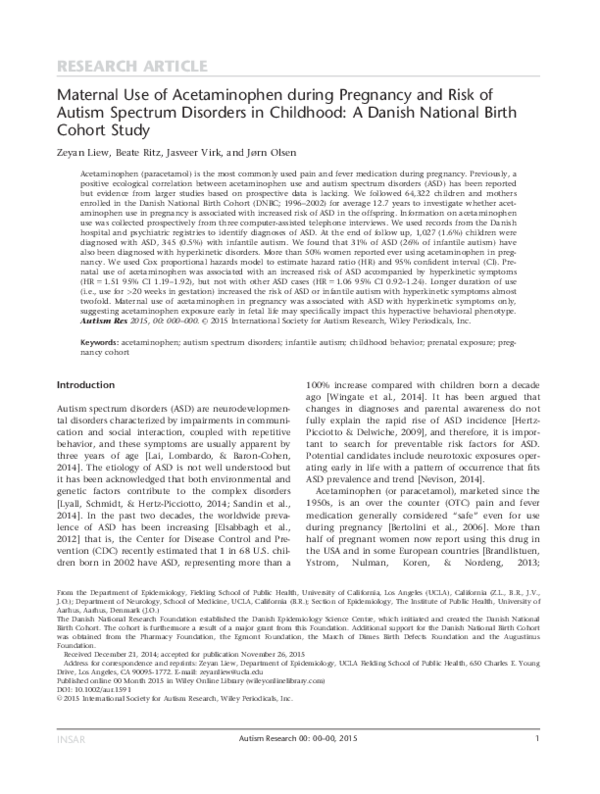 (PDF) Maternal use of acetaminophen during pregnancy and risk of autism ...