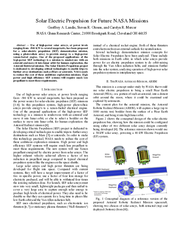 (PDF) Solar electric propulsion for future NASA missions