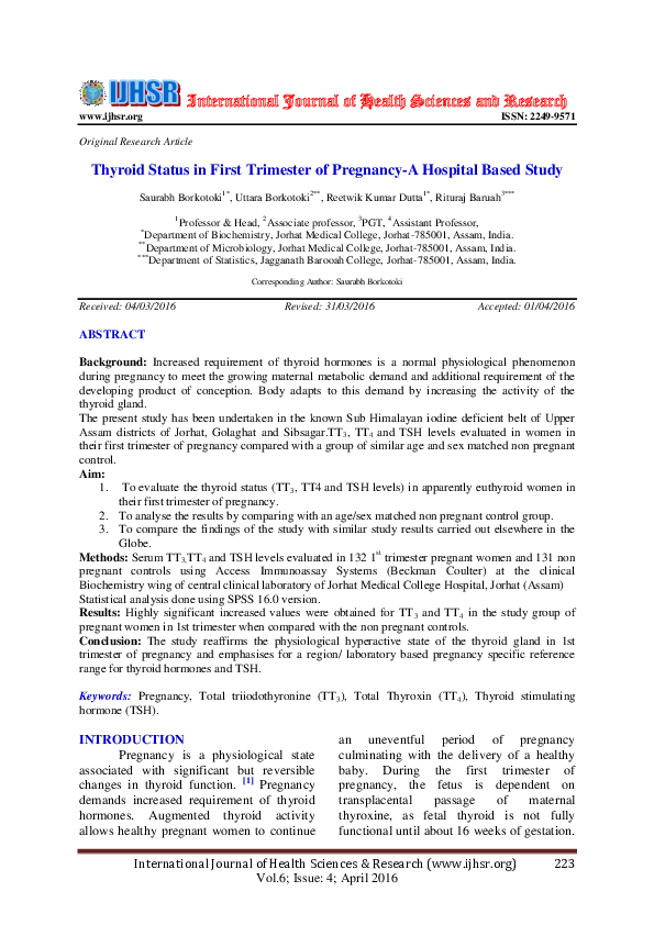 (PDF) Thyroid Status in First Trimester of Pregnancy-A Hospital Based Study