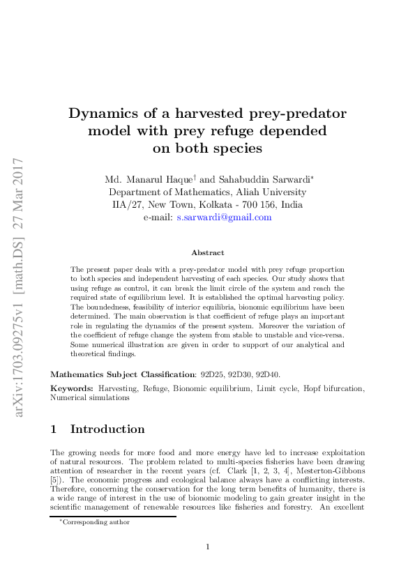 (PDF) Dynamics of a Harvested Prey–Predator Model with Prey Refuge ...