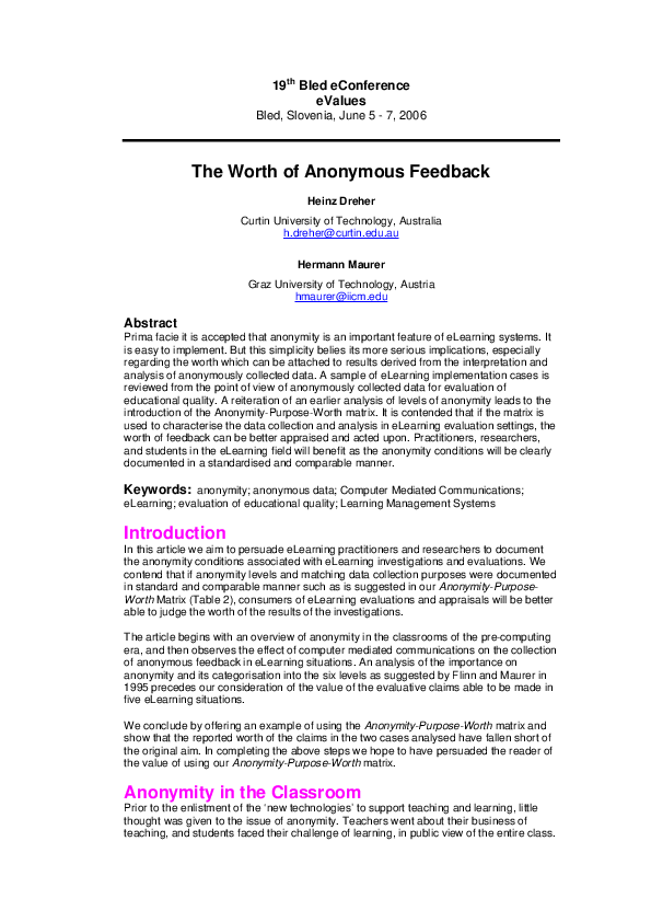 (PDF) The worth of anonymous feedback