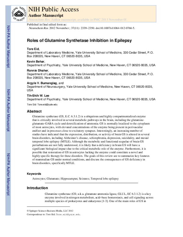 (PDF) Roles of Glutamine Synthetase Inhibition in Epilepsy