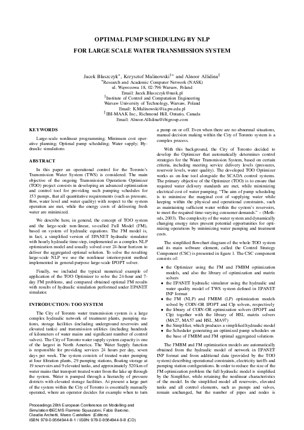(PDF) Optimal Pump Scheduling By NLP For Large Scale Water Transmission ...