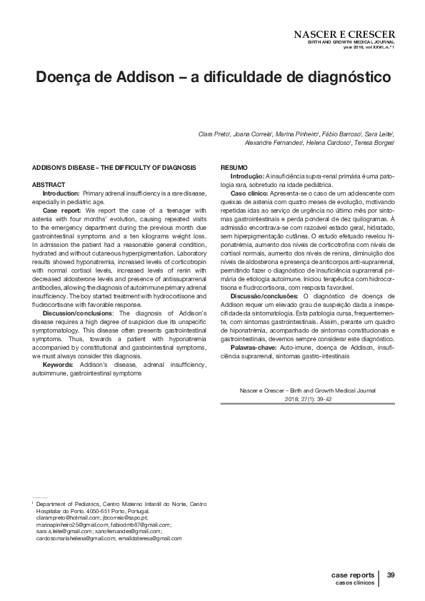 (PDF) Doença De Addison: A Dificuldade Do Diagnóstico