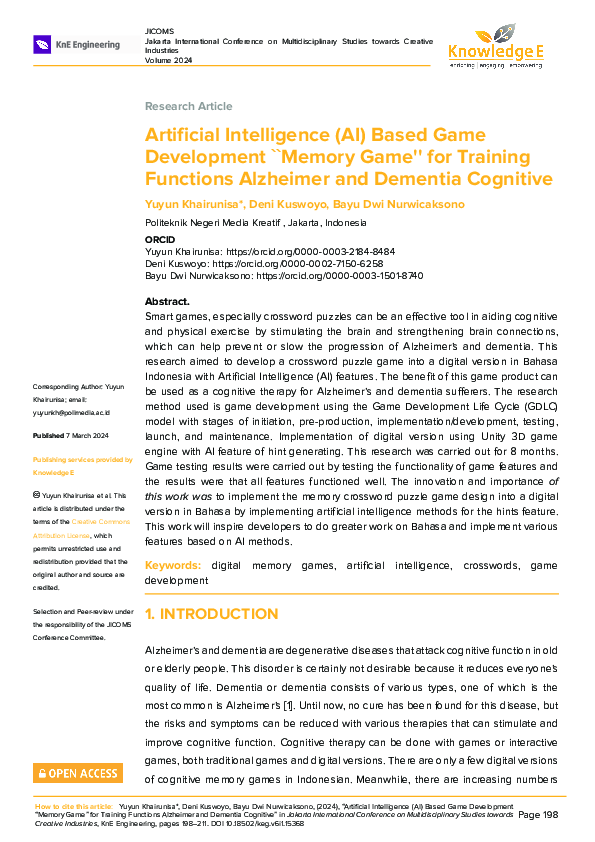 (PDF) Artificial Intelligence (AI) Based Game Development ``Memory Game ...
