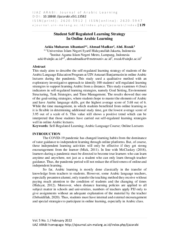 (PDF) Student Self Regulated Learning Strategy In Online Arabic Learning
