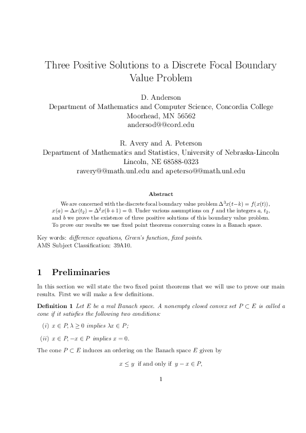 (PDF) Three positive solutions to a discrete focal boundary value problem