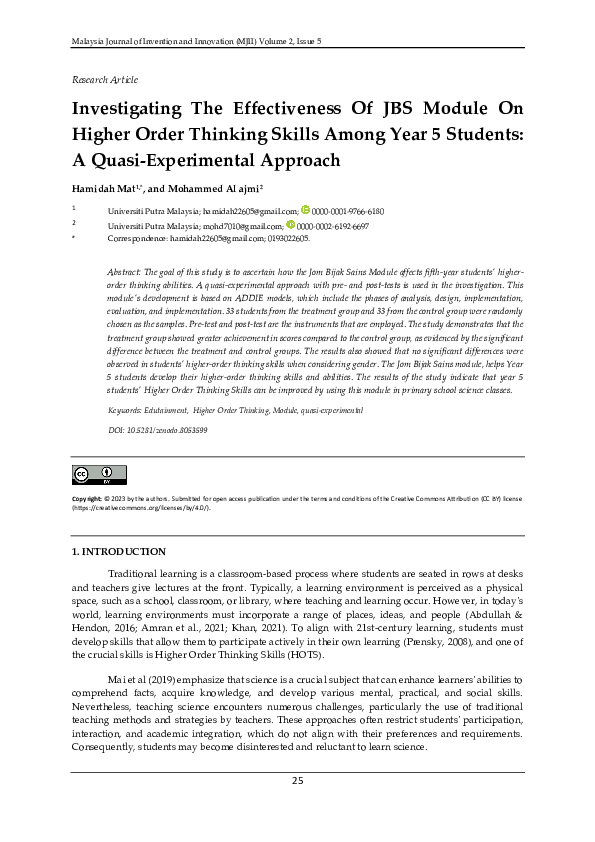 (PDF) Investigating The Effectiveness Of JBS Module On Higher Order ...