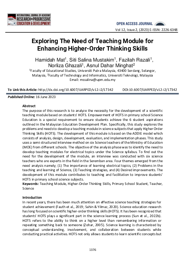 (PDF) Exploring The Need of Teaching Module for Enhancing Higher-Order ...