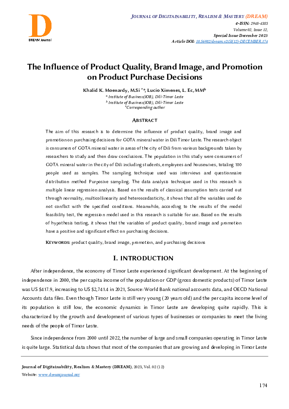 (PDF) The Influence of Product Quality, Brand Image, and Promotion on ...