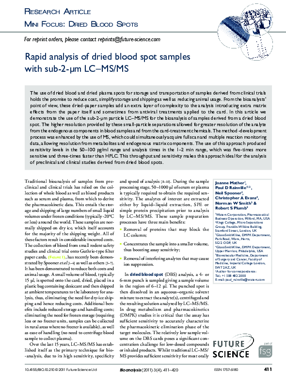 (PDF) Rapid analysis of dried blood spot samples with sub-2-µm LC-MS/MS