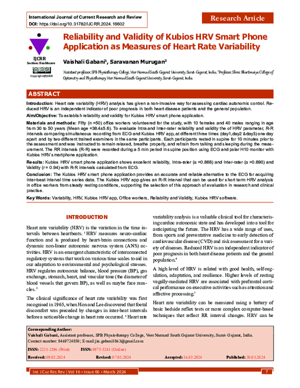 (PDF) Reliability and Validity of Kubios HRV Smart Phone Application as ...