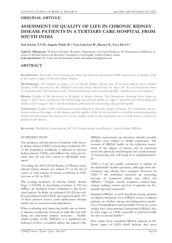 (PDF) ASSESSMENT OF QUALITY OF LIFE IN CHRONIC KIDNEY DISEASE PATIENTS ...