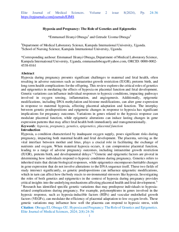 (PDF) Hypoxia and Pregnancy: The Role of Genetics and Epigenetics