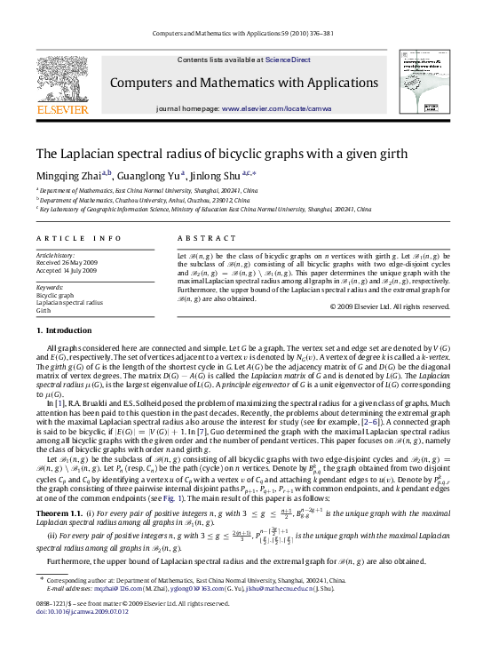 (PDF) The Laplacian spectral radius of bicyclic graphs with a given girth