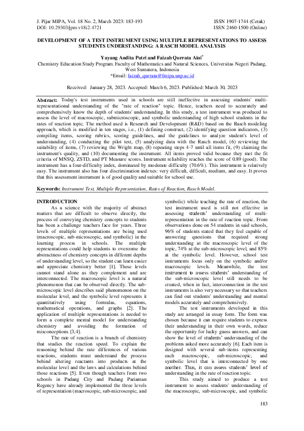 (PDF) Development of a test instrument using multiple representations ...