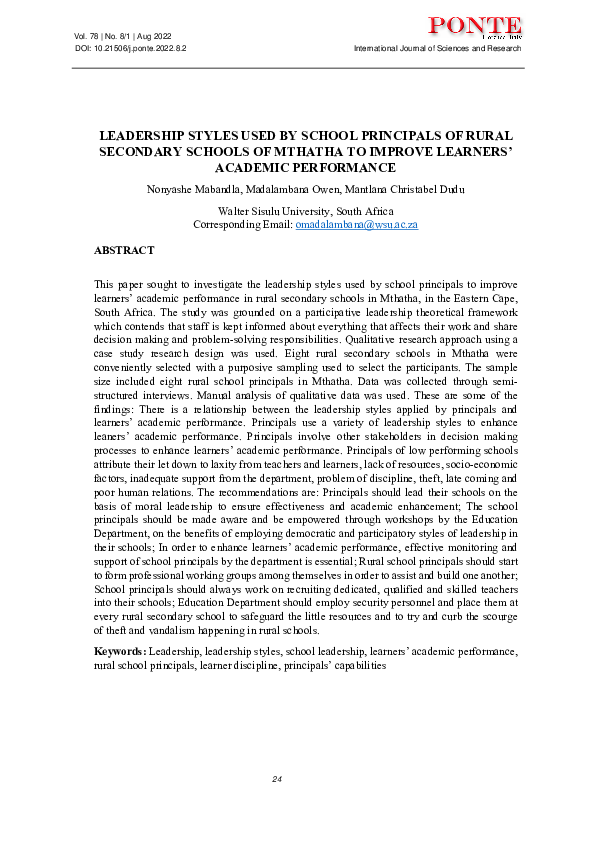 (PDF) Leadership Styles Used by School Principals of Rural Secondary ...