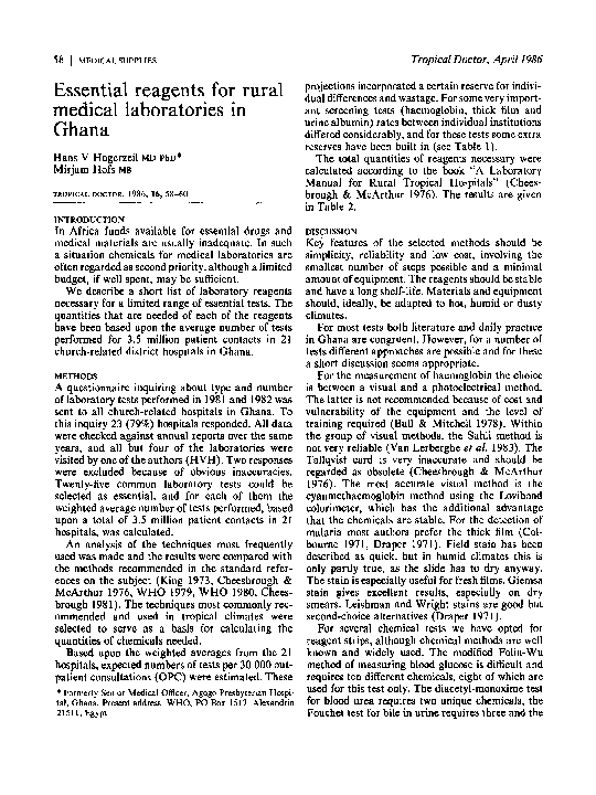 (PDF) Essential Reagents for Rural Medical Laboratories in Ghana