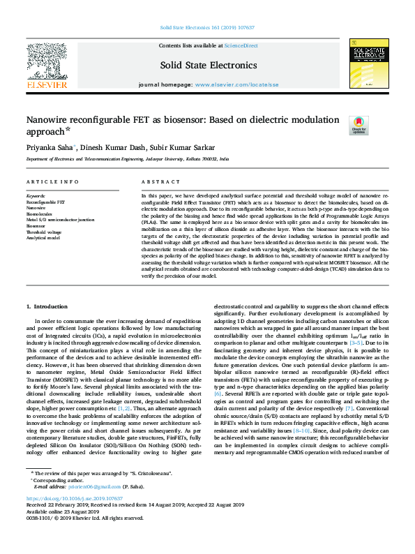 (PDF) Nanowire reconfigurable FET as biosensor: Based on dielectric ...