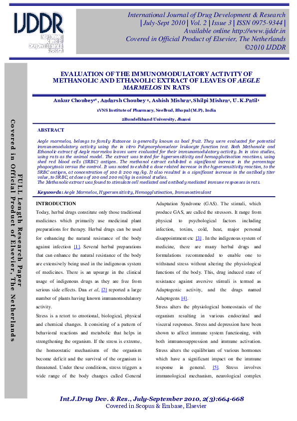 (PDF) Evaluation of the Immunomodulatory Activity of Themethanolic and ...