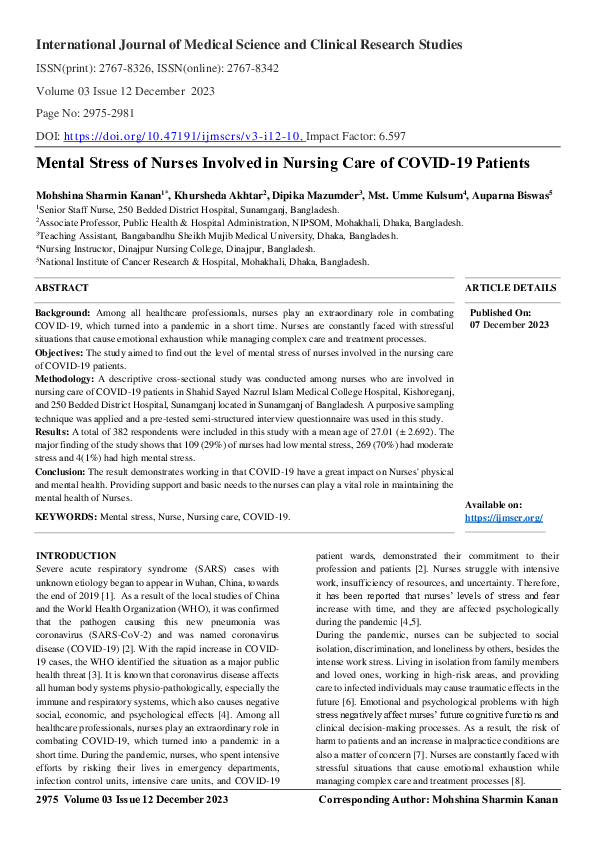 (PDF) Mental Stress of Nurses Involved in Nursing Care of COVID-19 Patients