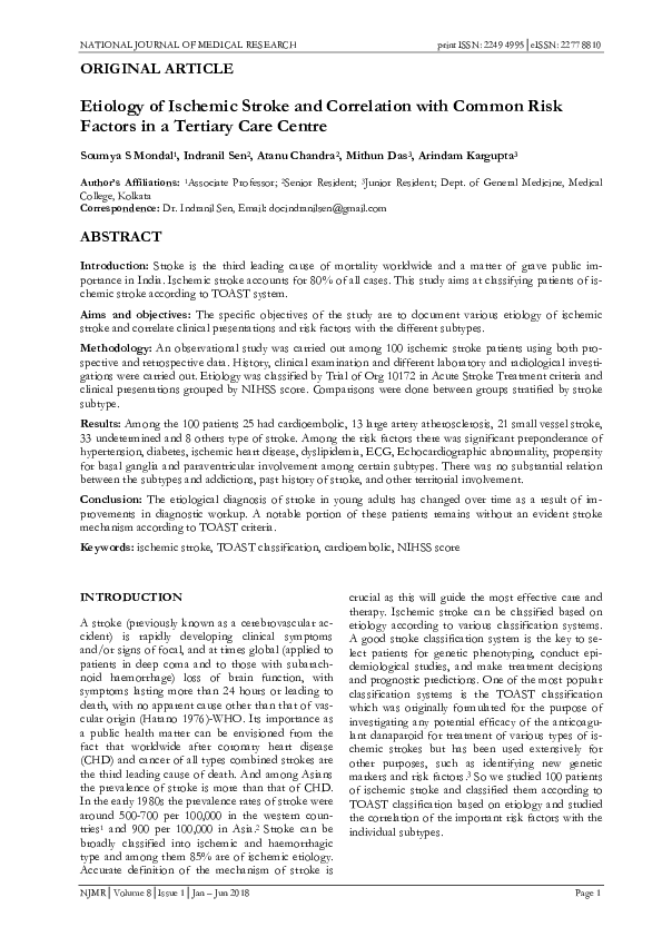 (PDF) Etiology of Ischemic Stroke and Correlation with Common Risk ...