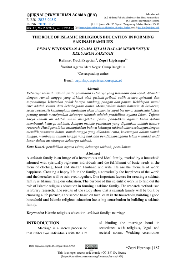 (PDF) The Role of Islamic Religious Education in Forming Sakinah Families