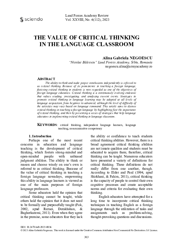 (PDF) The Value of Critical Thinking in the Language Classroom