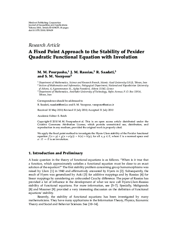 (PDF) A Fixed Point Approach to the Stability of Pexider Quadratic ...