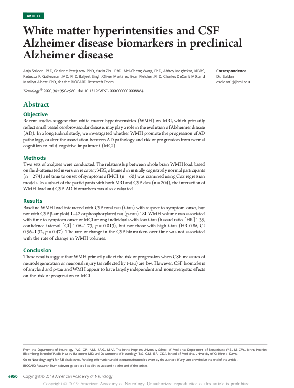 (PDF) White matter hyperintensities and CSF Alzheimer disease ...