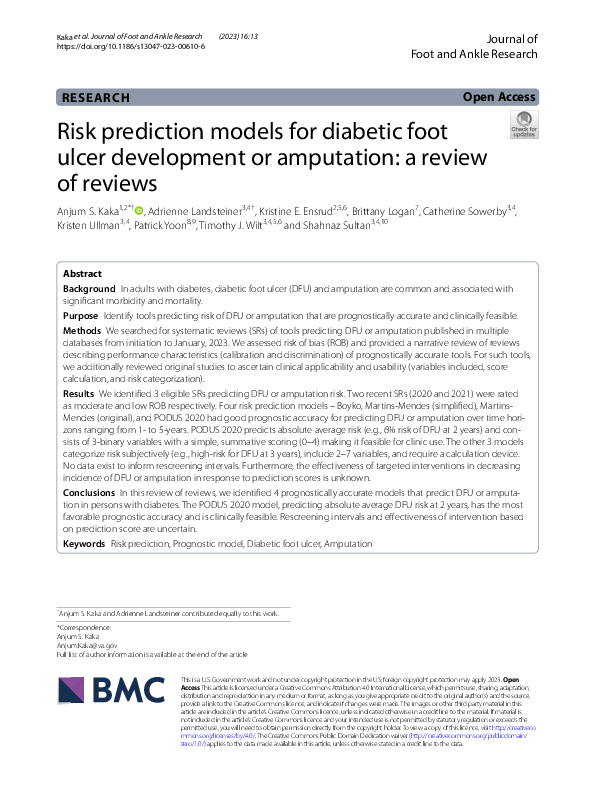 (PDF) Risk prediction models for diabetic foot ulcer development or ...