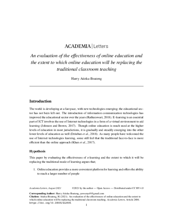 Pdf An Evaluation Of The Effectiveness Of Online Education And The