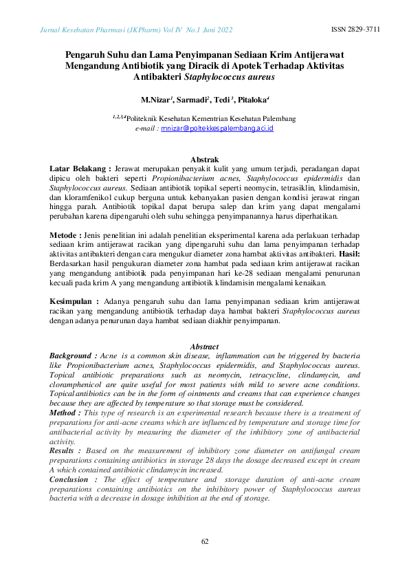 (PDF) Pengaruh Suhu dan Lama Penyimpanan Sediaan Krim Antijerawat ...