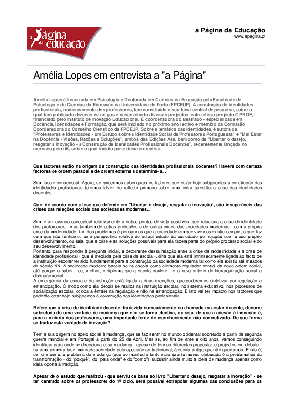 (PDF) Amélia Lopes em entrevista ao Jornal A Página da Educação
