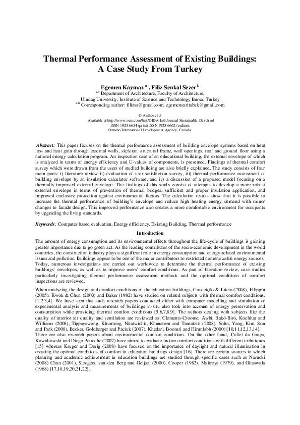 (PDF) Thermal Performance Assessment of Existing Buildings: A Case ...