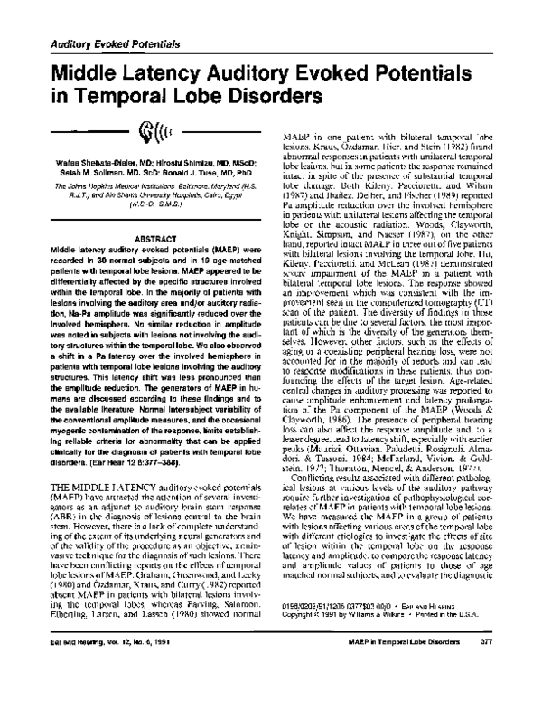 (PDF) Middle Latency Auditory Evoked Potentials in Temporal Lobe Disorders