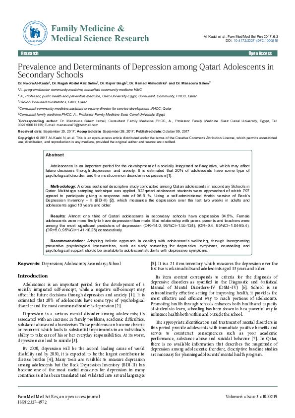 (PDF) Prevalence and Determinants of Depression among Qatari ...