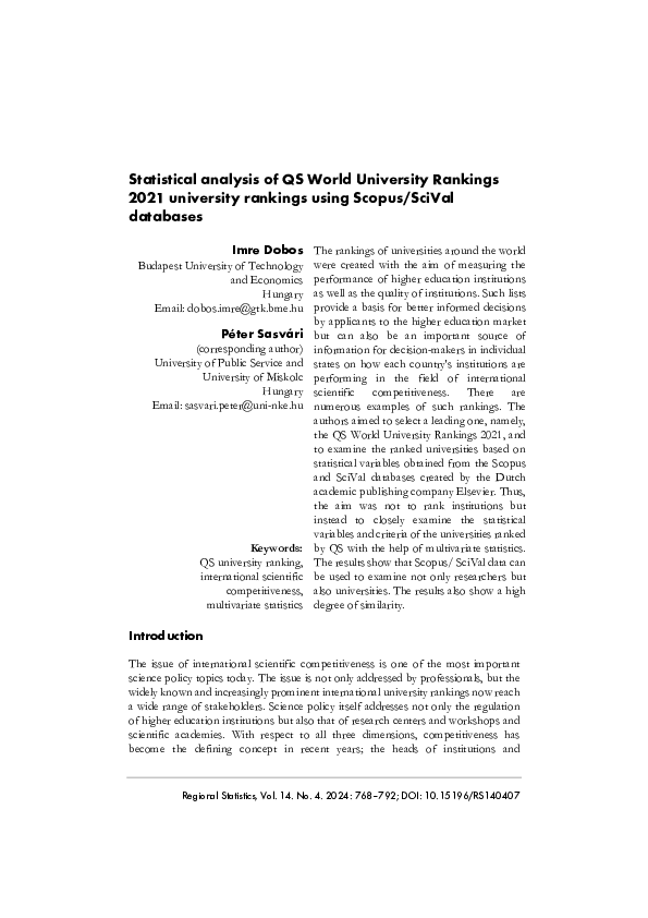 (PDF) Statistical analysis of QS World University Rankings 2021 ...