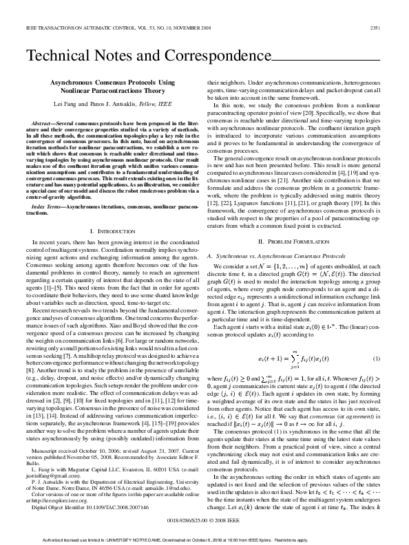 (PDF) Technical Notes and Correspondence Asynchronous Consensus ...