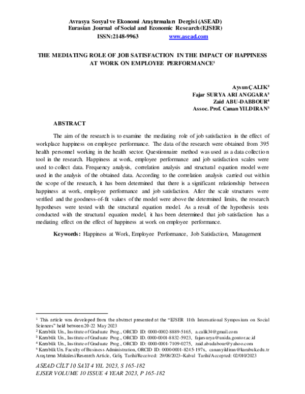 (PDF) The Mediating Role Of Job Satisfaction In The Impact Of Happiness ...
