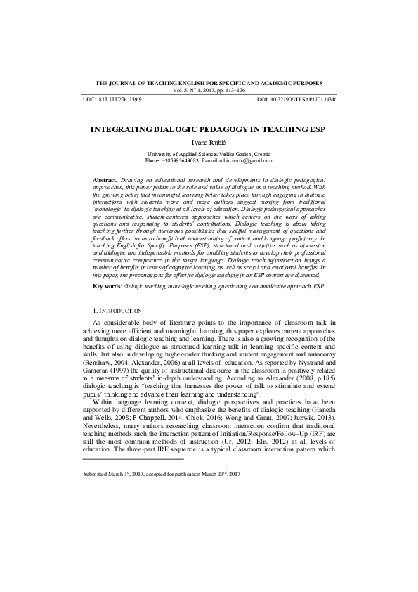 (PDF) INTEGRATING DIALOGIC PEDAGOGY IN TEACHING ESP