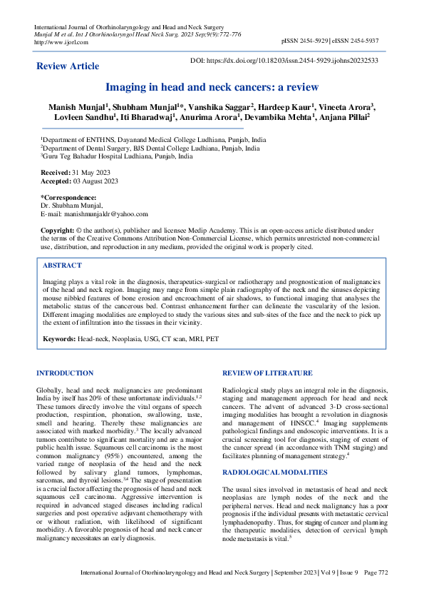 (PDF) Imaging in head and neck cancers: a review