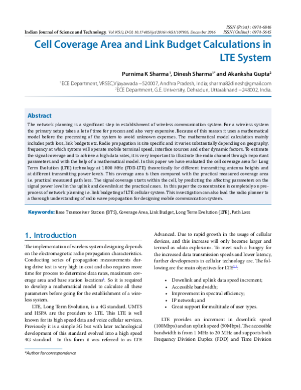 (PDF) Cell Coverage Area and Link Budget Calculations in LTE System ...