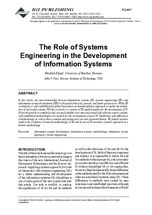 (PDF) The Role of Systems Engineering in the Development of Information ...
