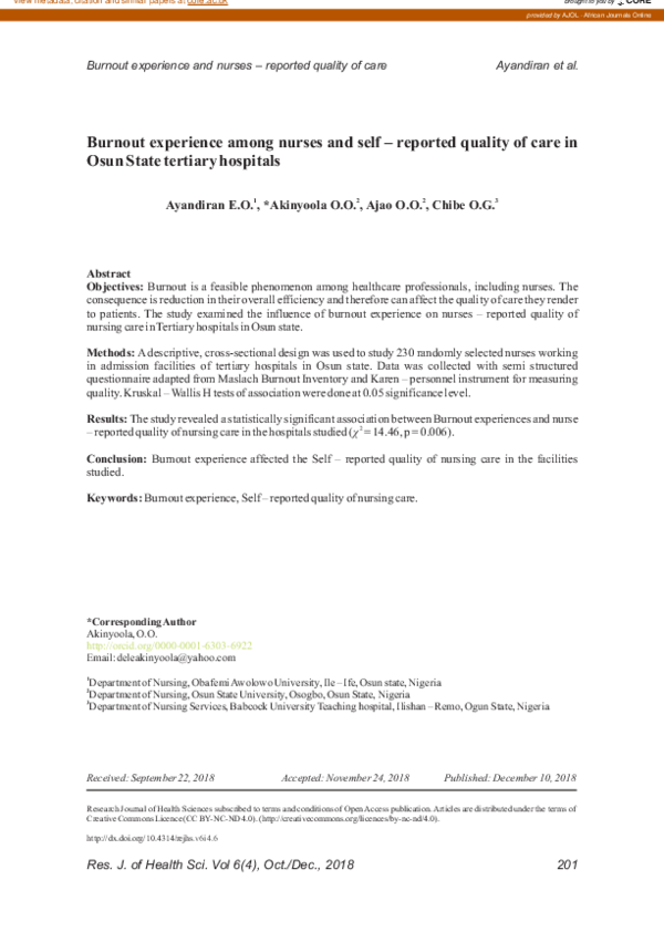 (PDF) Burnout experience among nurses and self – reported quality of ...