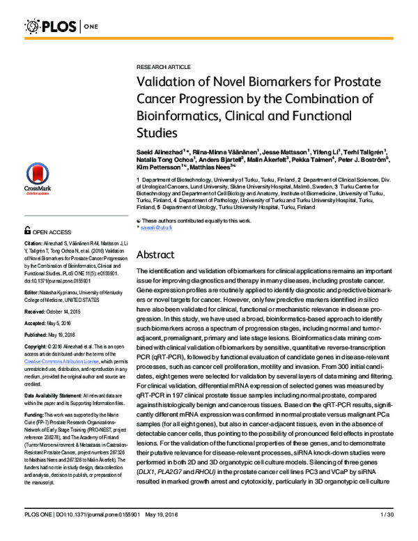 (PDF) Validation of Novel Biomarkers for Prostate Cancer Progression by ...