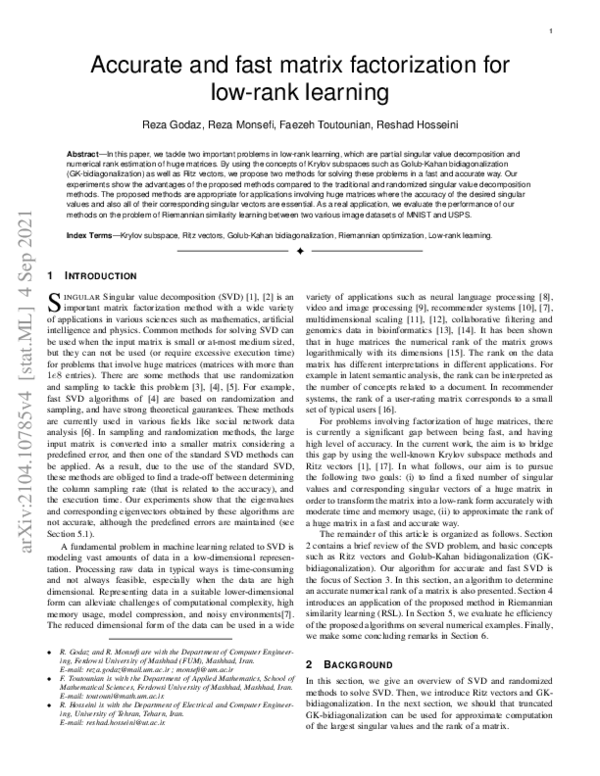 (PDF) Accurate and fast matrix factorization for low-rank learning